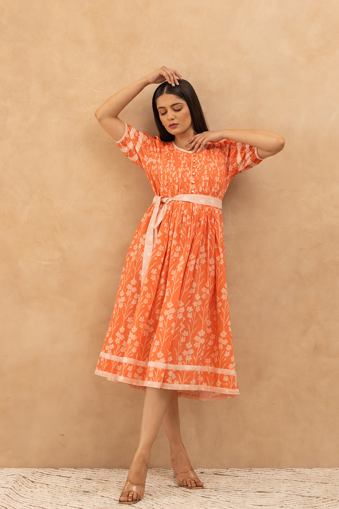 ORANGE PINTUCK COTTON DRESS