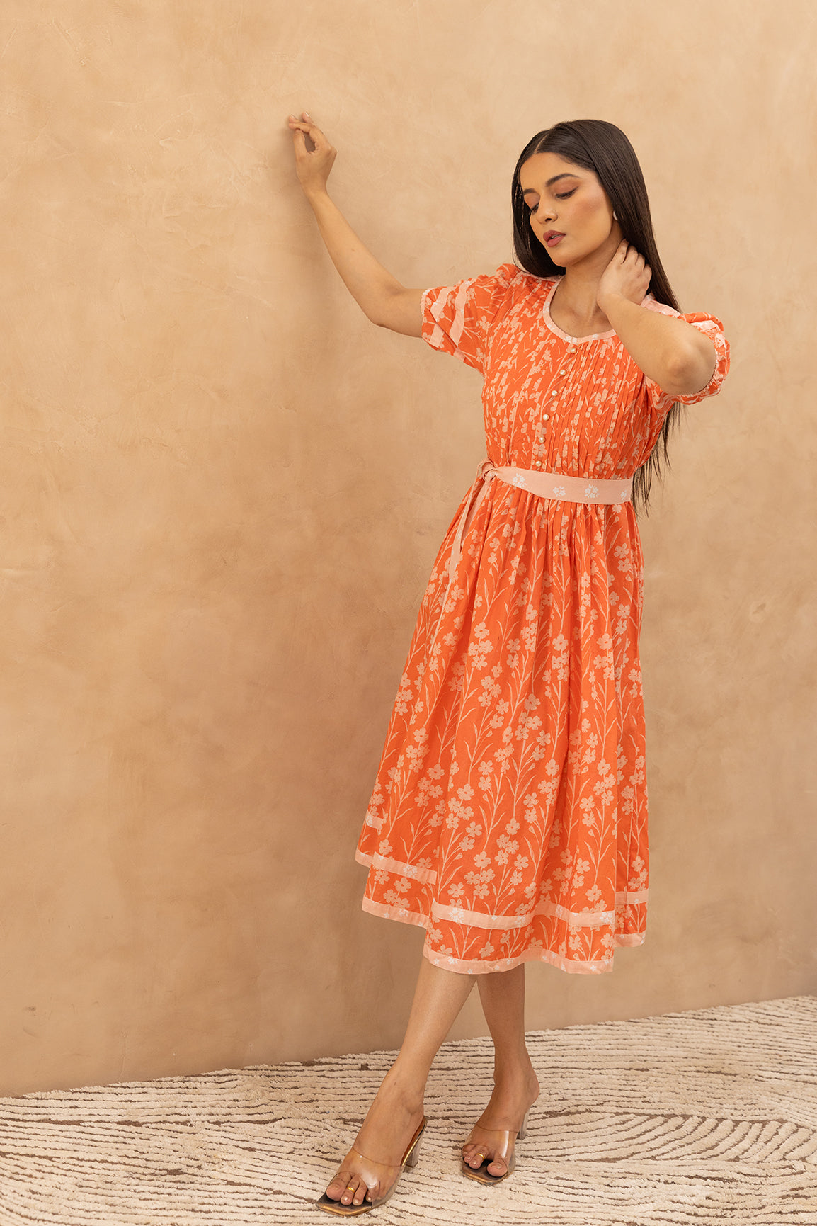 ORANGE PINTUCK COTTON DRESS