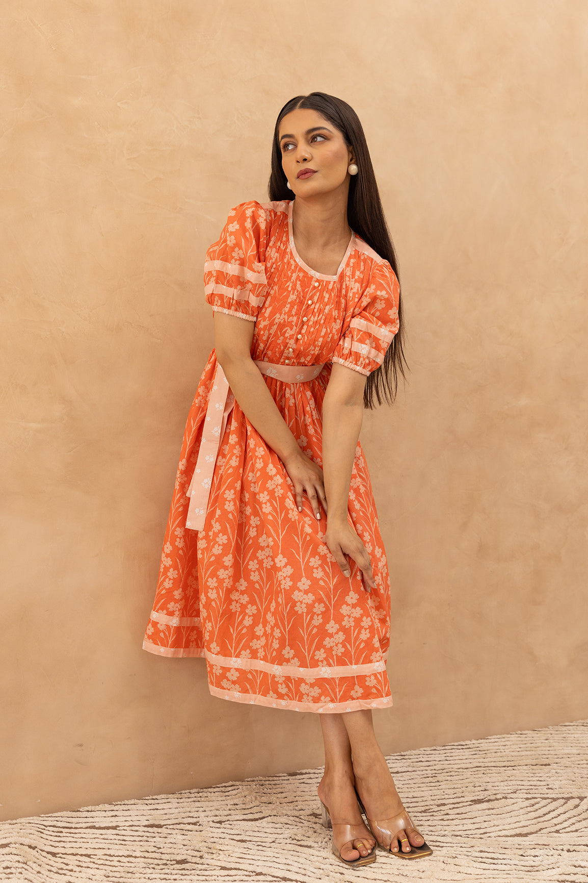 ORANGE PINTUCK COTTON DRESS