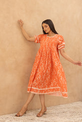 ORANGE PINTUCK COTTON DRESS