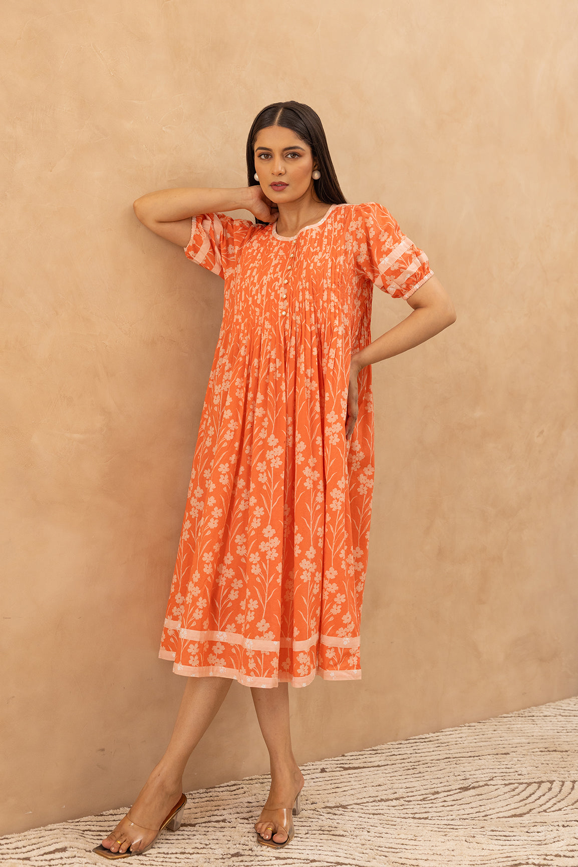 ORANGE PINTUCK COTTON DRESS