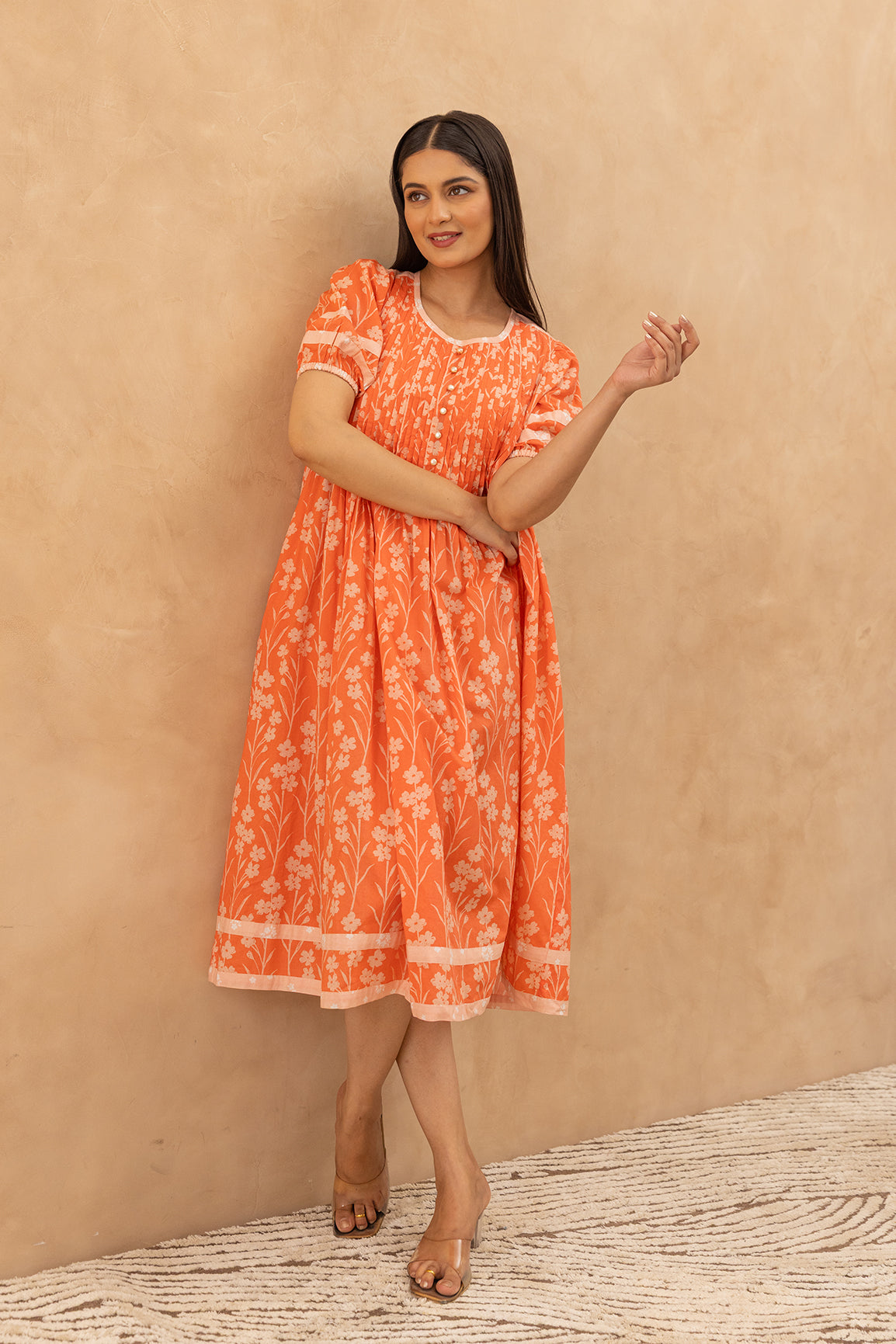 ORANGE PINTUCK COTTON DRESS
