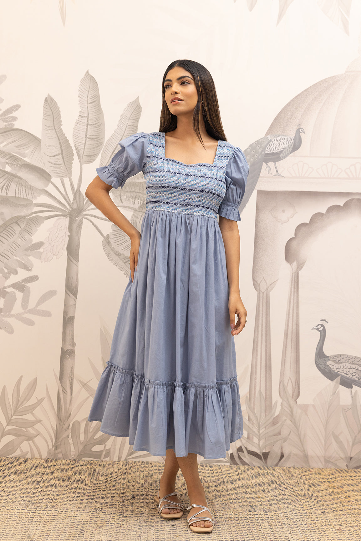 POWDERED BLUE SMOCKED COTTON MAXI