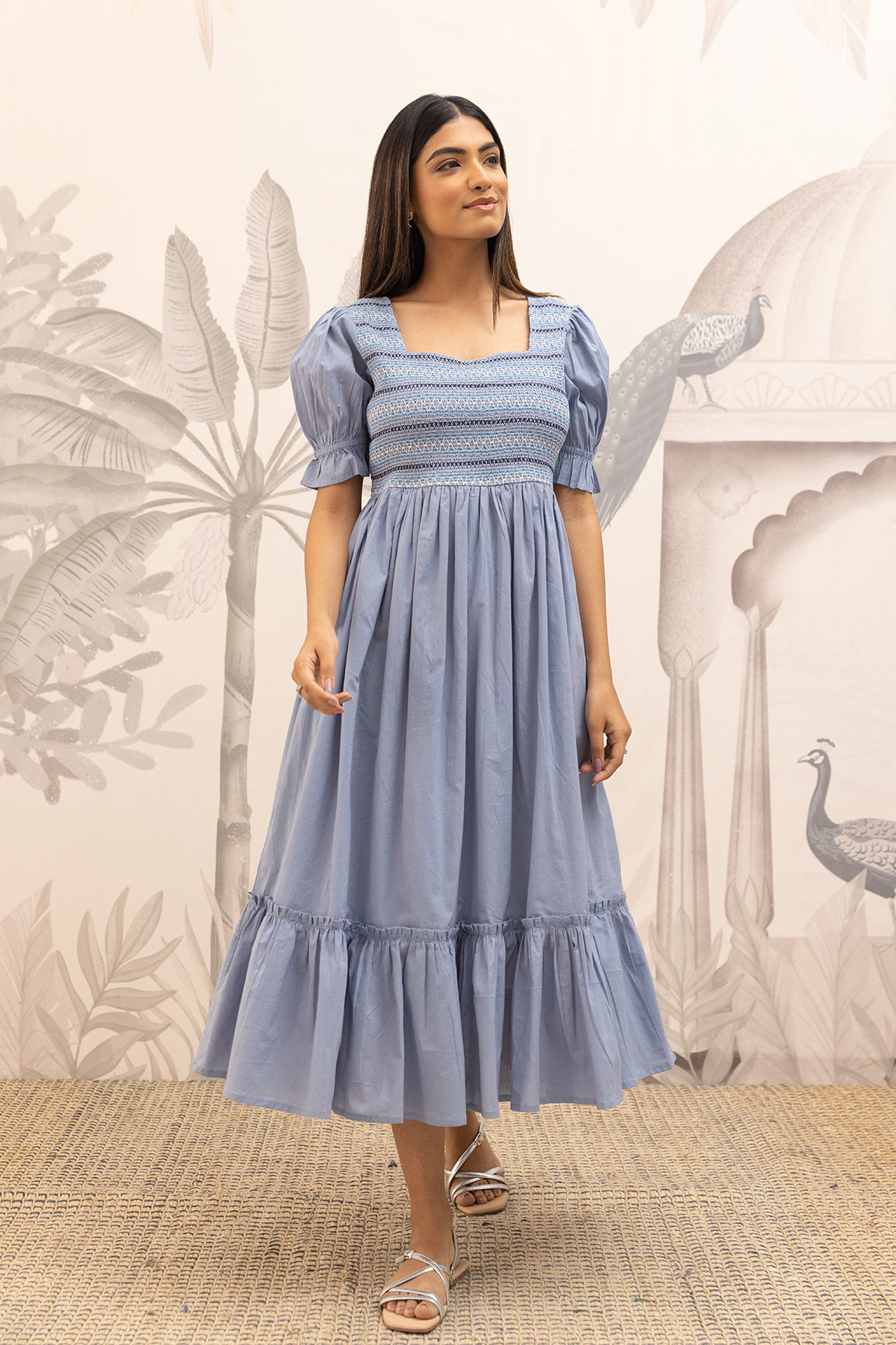 POWDERED BLUE SMOCKED COTTON MAXI