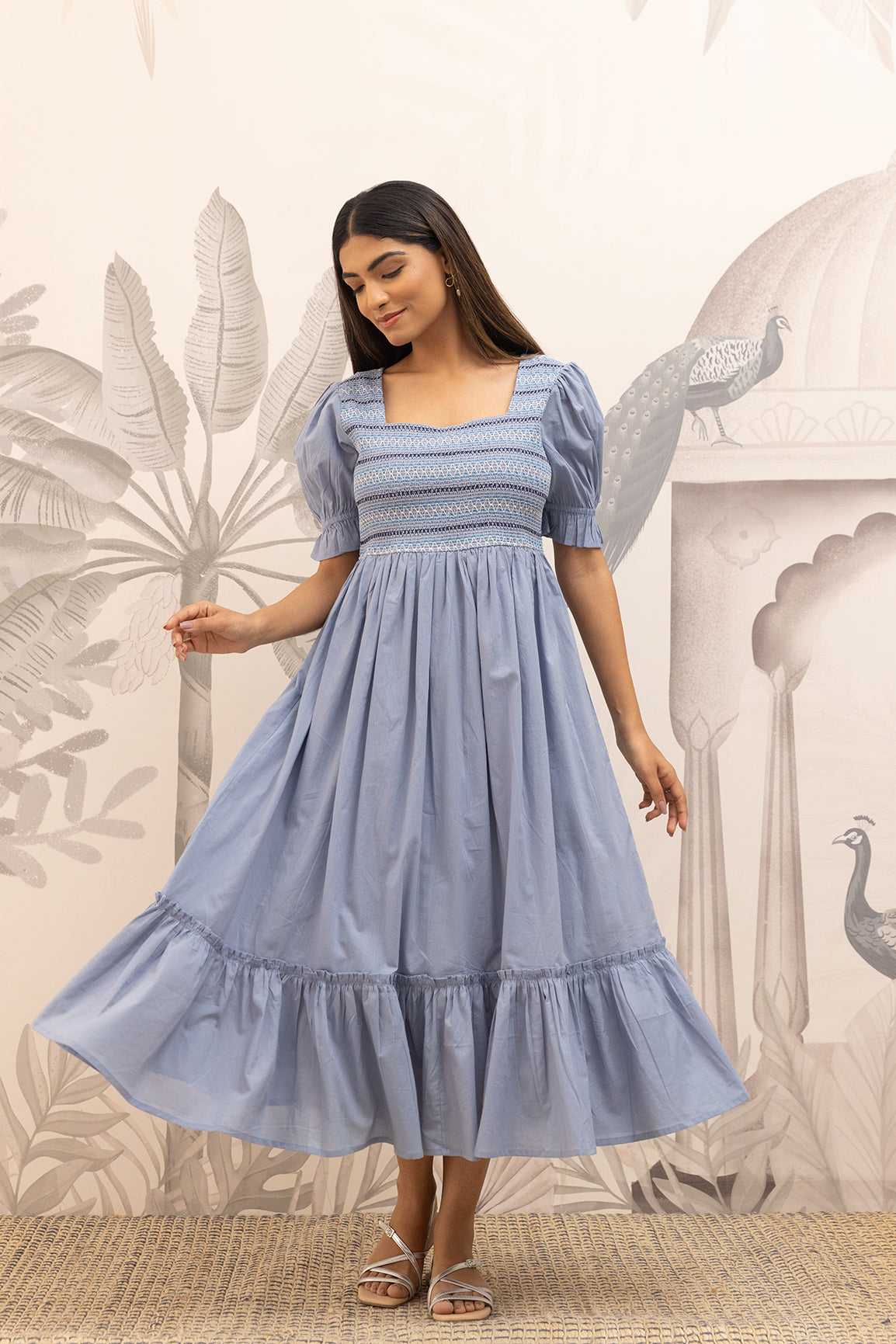 POWDERED BLUE SMOCKED COTTON MAXI