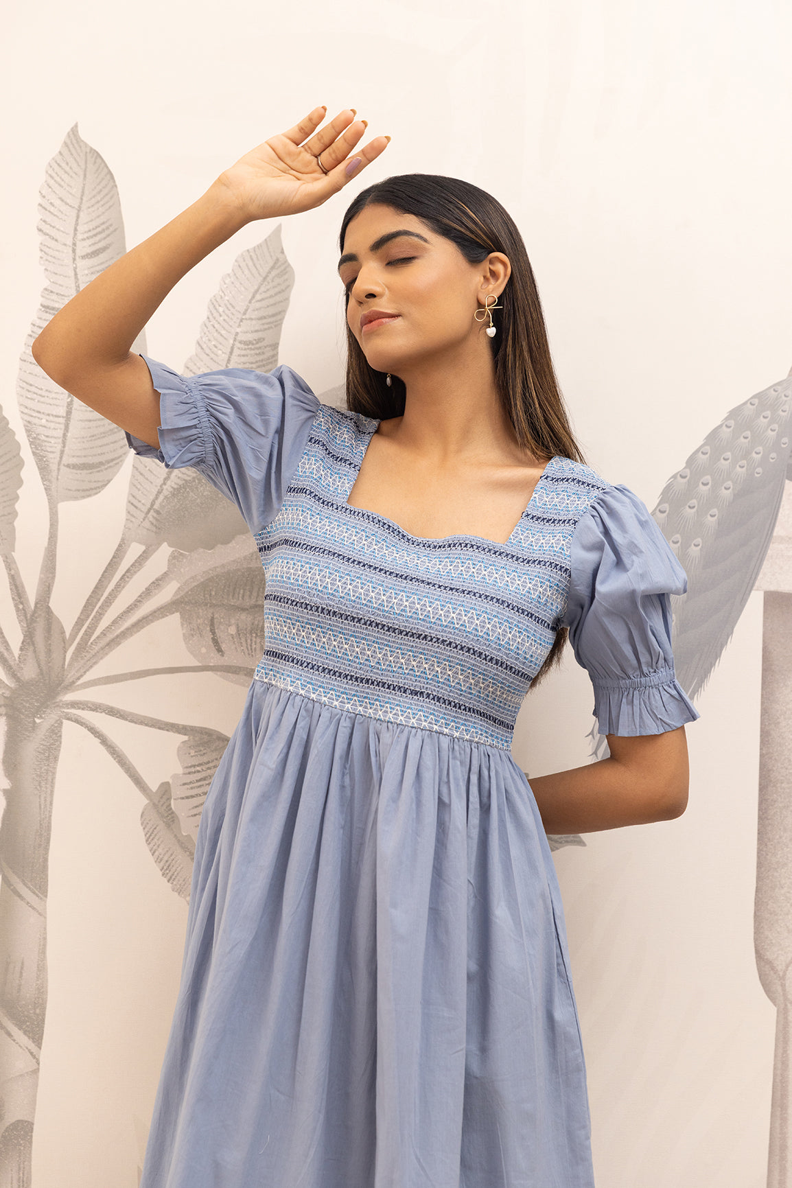 POWDERED BLUE SMOCKED COTTON MAXI