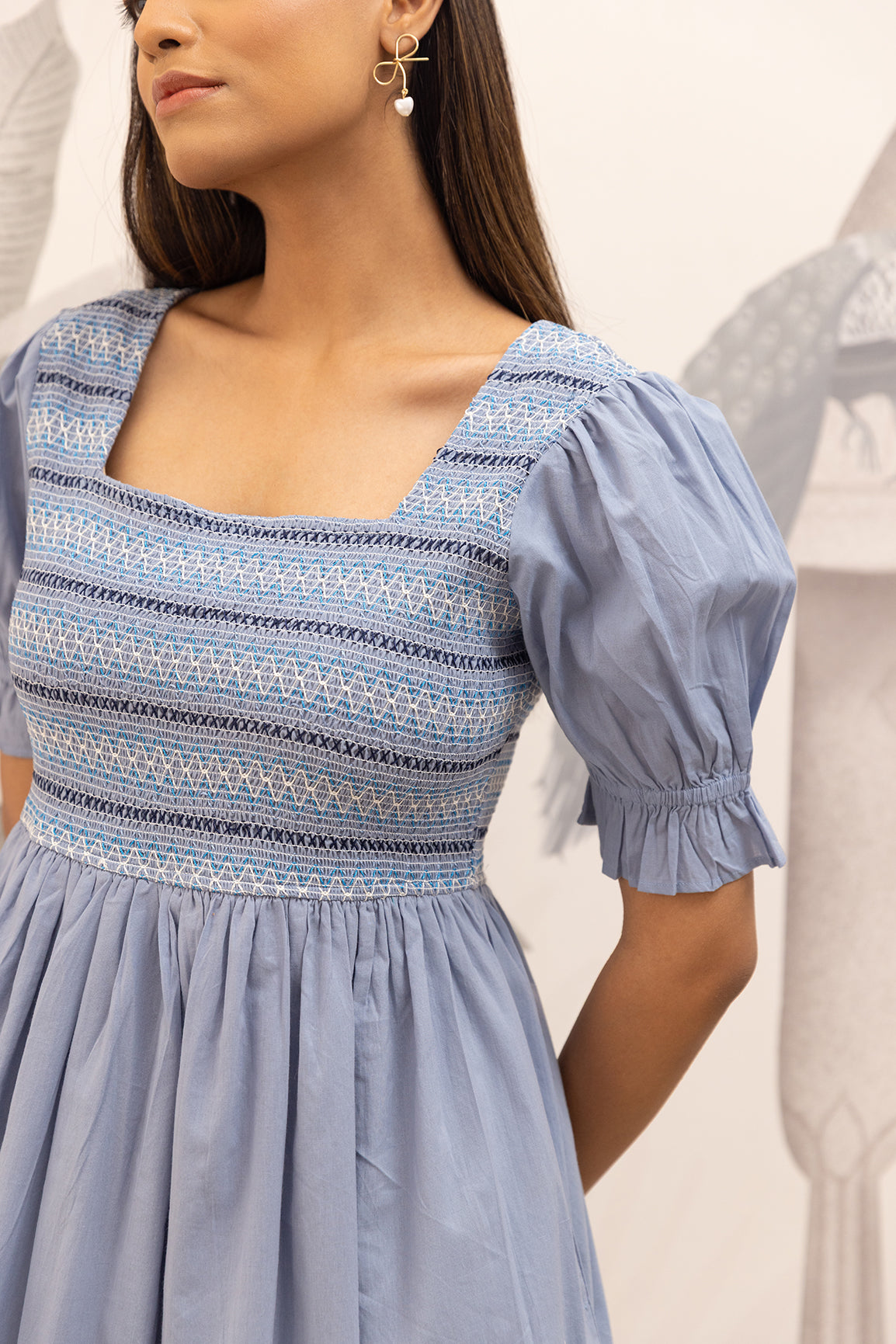 POWDERED BLUE SMOCKED COTTON MAXI