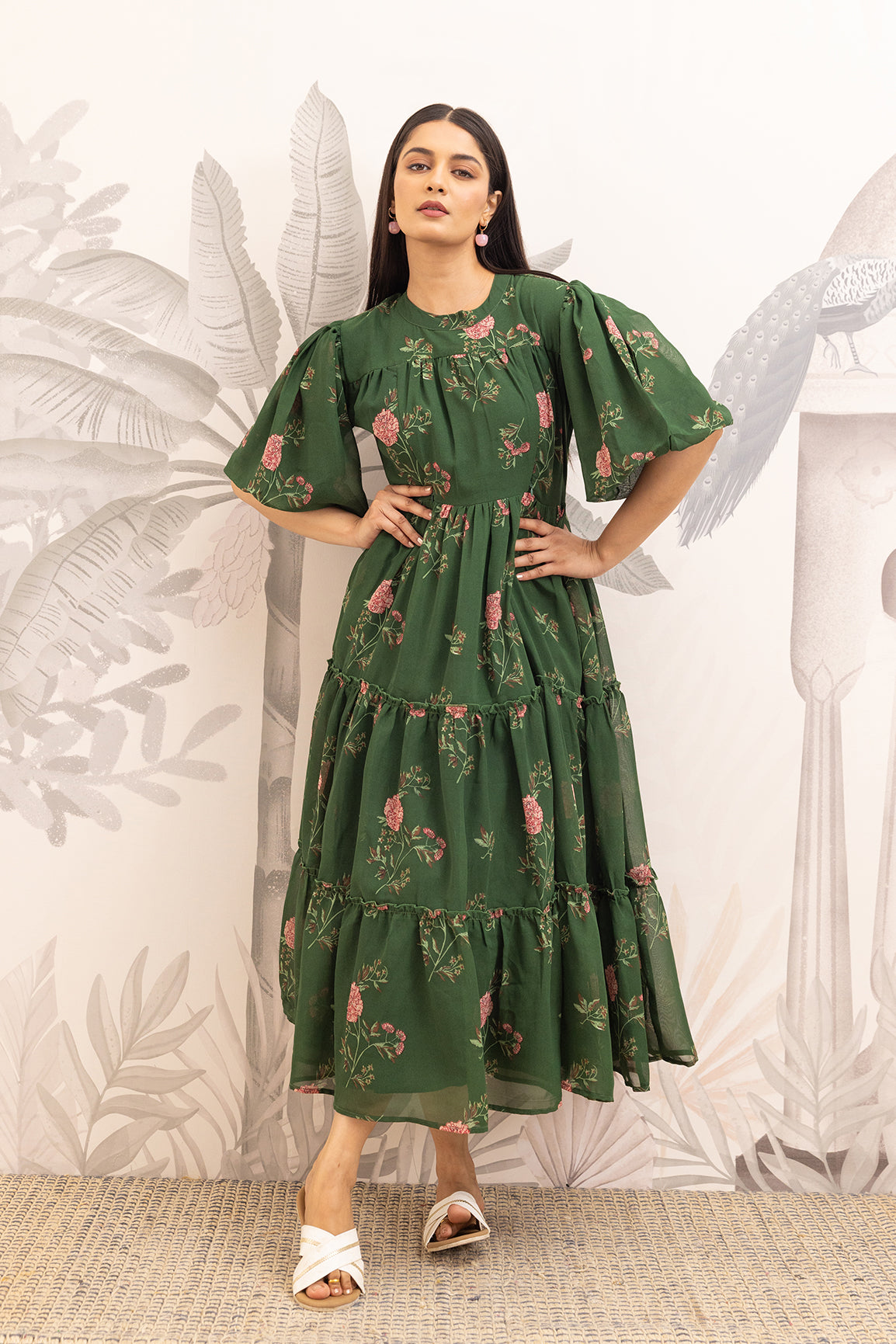 FOREST GREEN FLORAL MAXI DRESS - Main Image