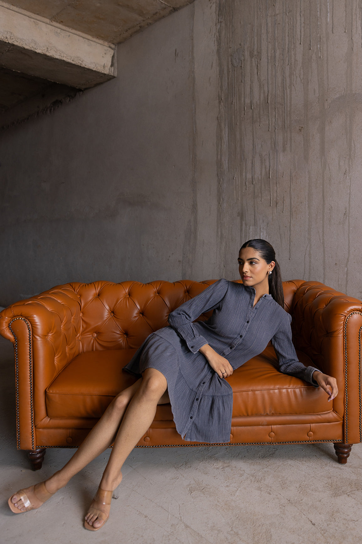 GREY DENIM MIDI DRESS