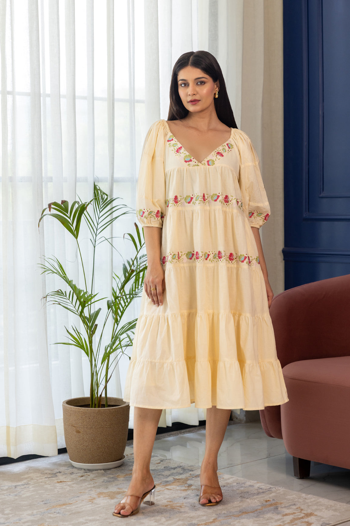 BUTTER YELLOW EMBROIDERY MIDI