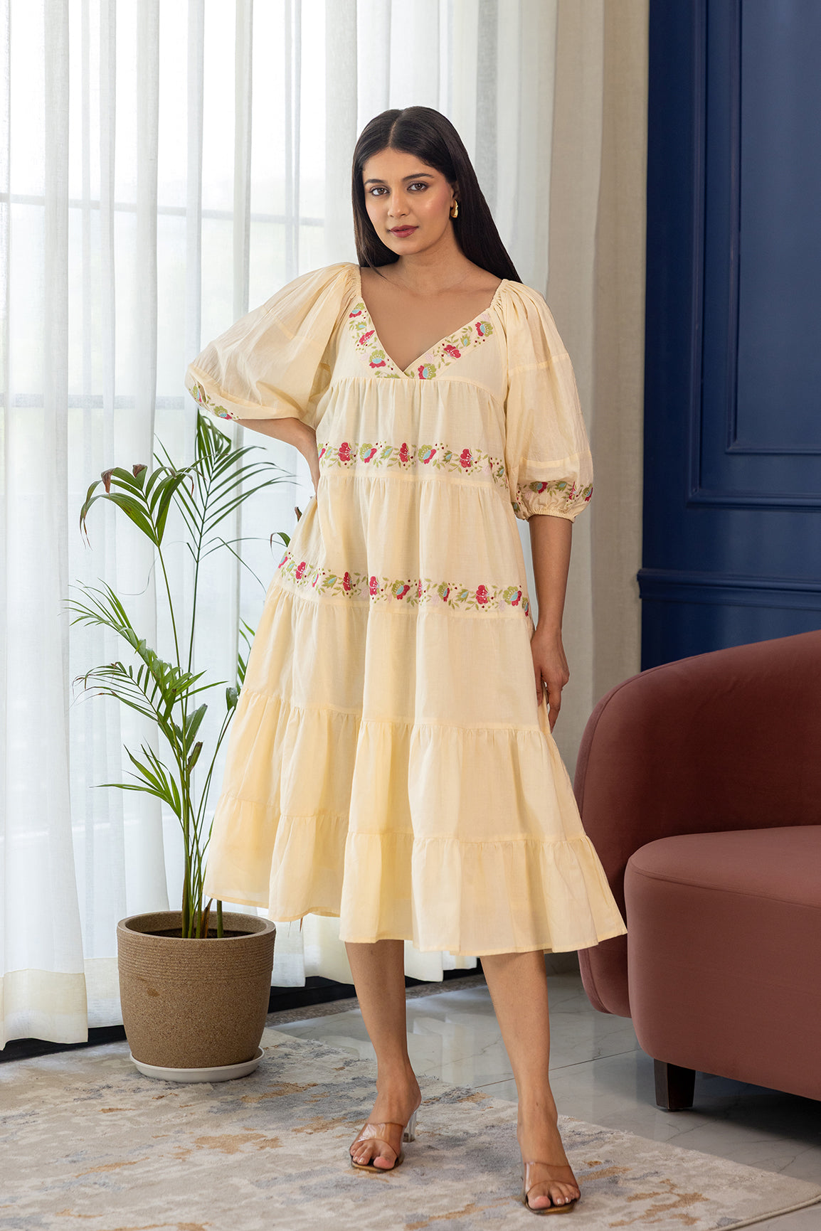 BUTTER YELLOW EMBROIDERY MIDI