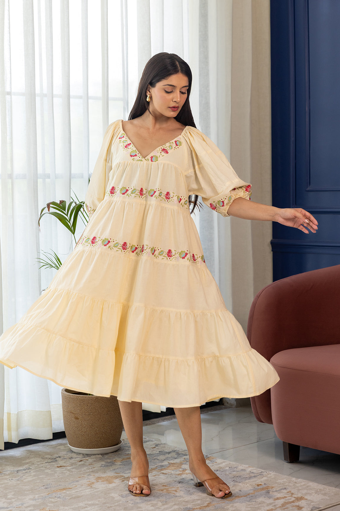 BUTTER YELLOW EMBROIDERY MIDI