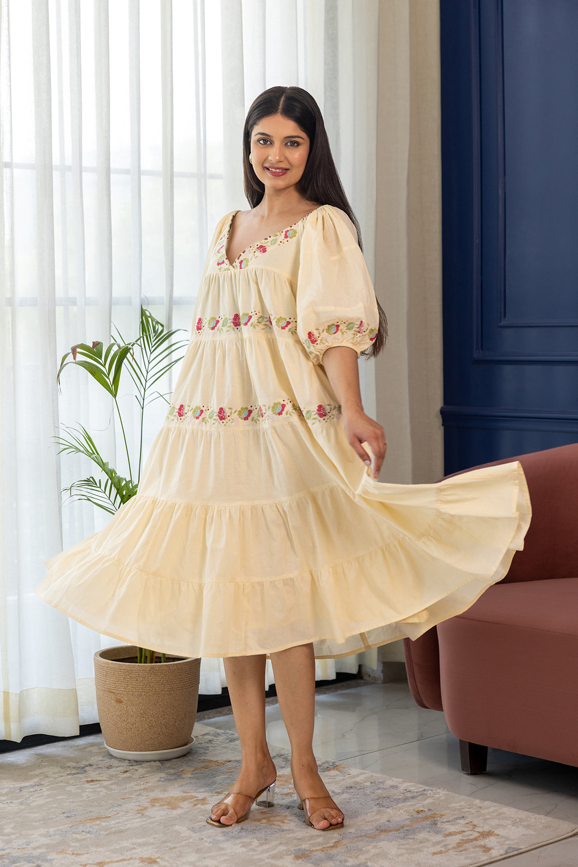 BUTTER YELLOW EMBROIDERY MIDI