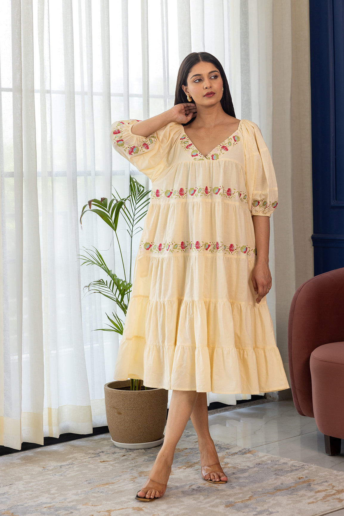 BUTTER YELLOW EMBROIDERY MIDI