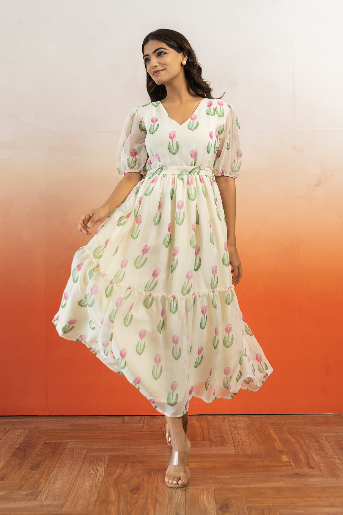 WHITE BIG FLORAL CHIFFON MAXI - POLAGO PLUS