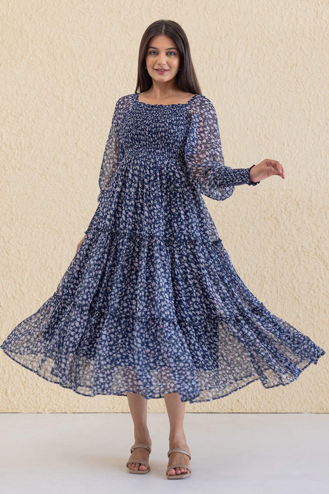 NAVY LUREX SMOCKED MAXI