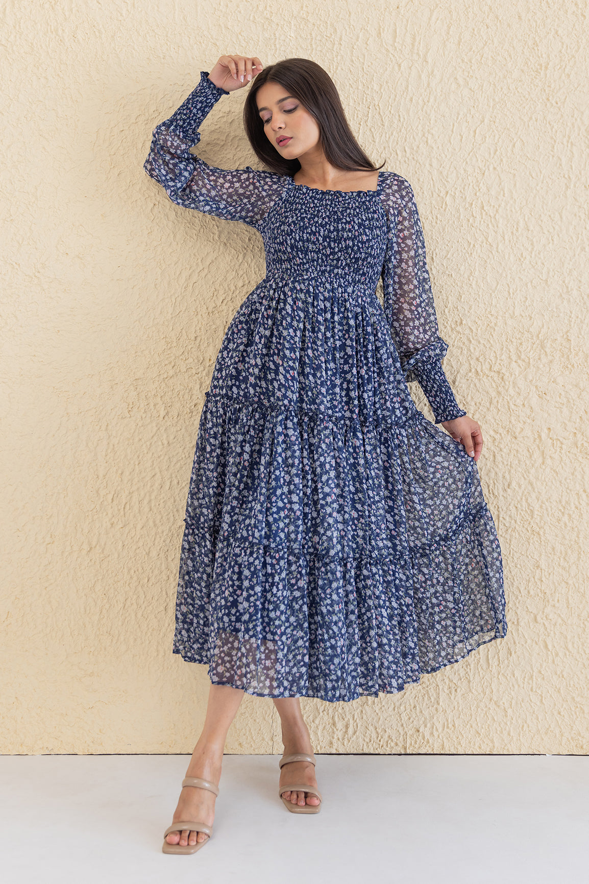 NAVY LUREX SMOCKED MAXI