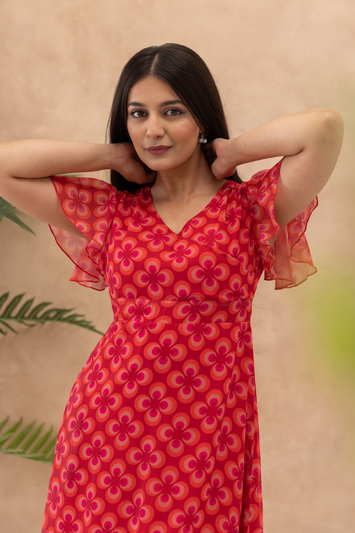 RED CHIFFON GEOMETRIC MAXI
