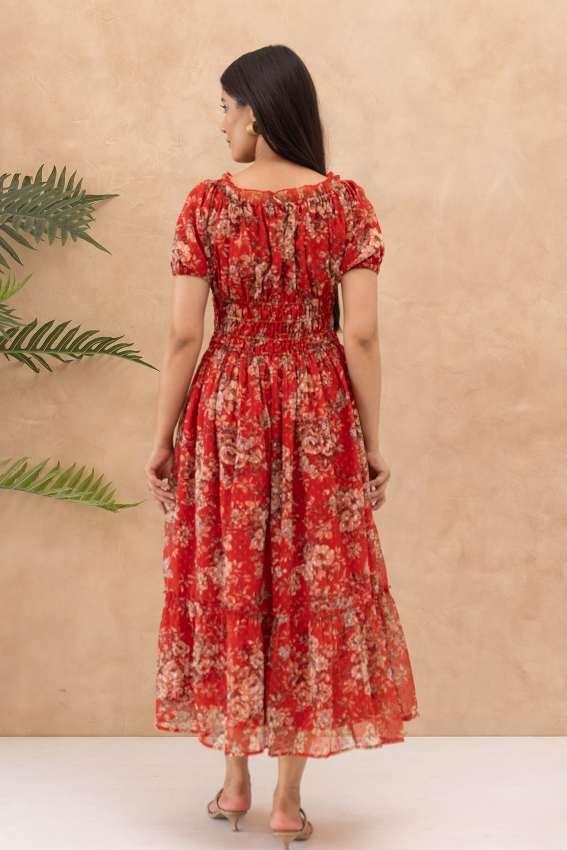 RED FLORAL SMOCKED MAXI