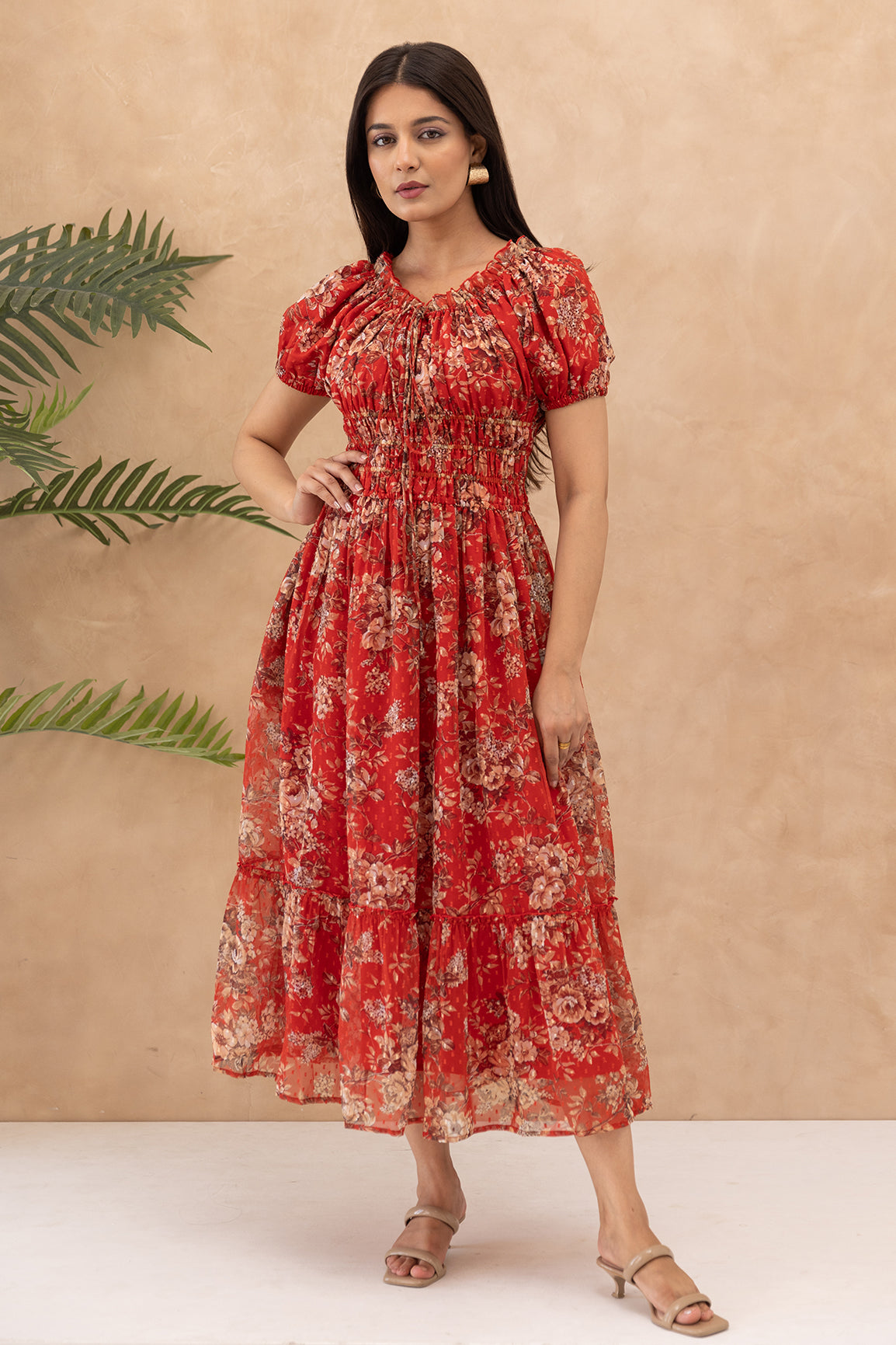 RED FLORAL SMOCKED MAXI