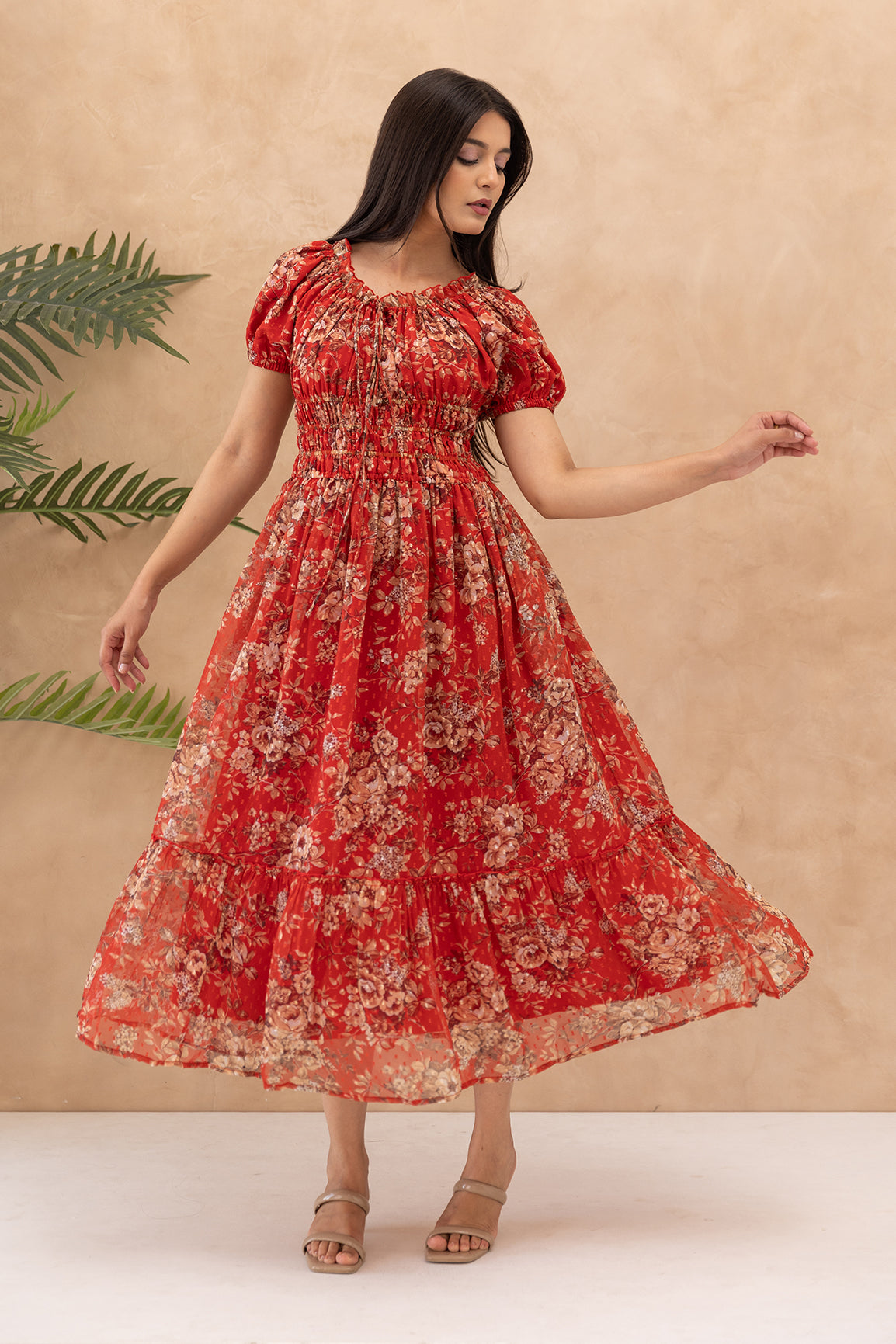 RED FLORAL SMOCKED MAXI