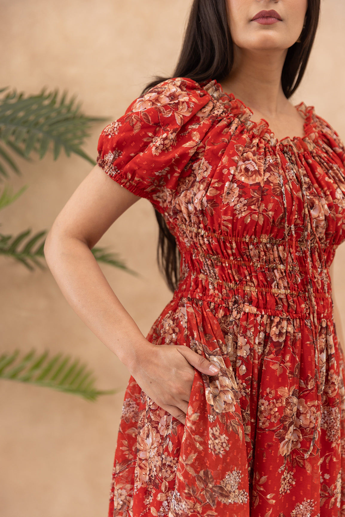 RED FLORAL SMOCKED MAXI