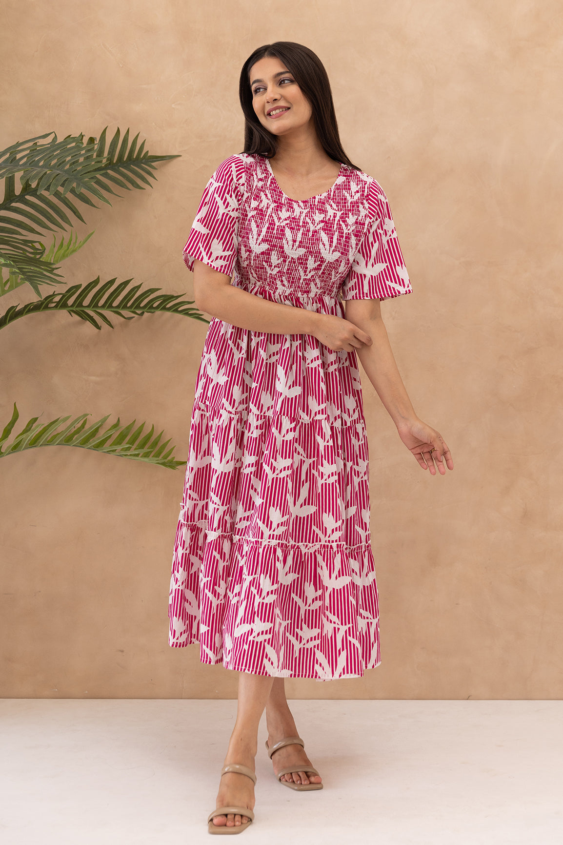 PINK FLORAL & STRIPED COTTON MAXI