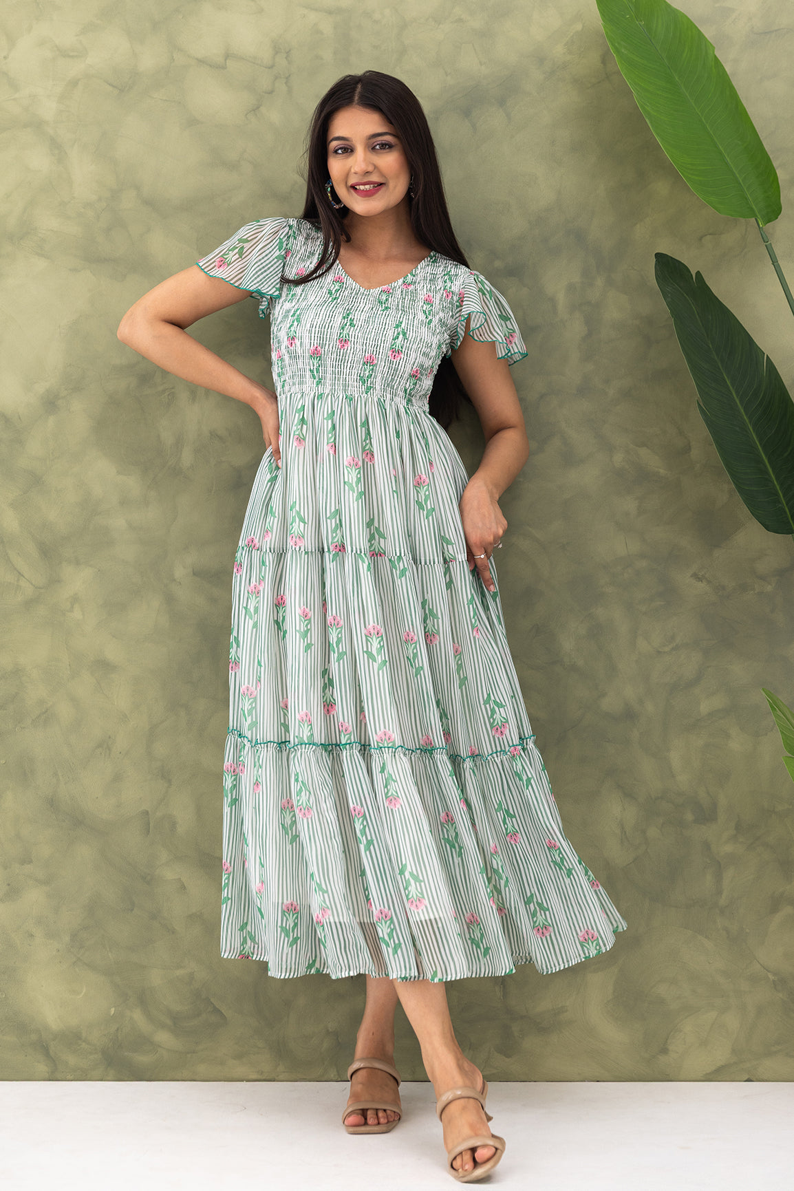 STRIPED & FLORAL SMOCKED MAXI