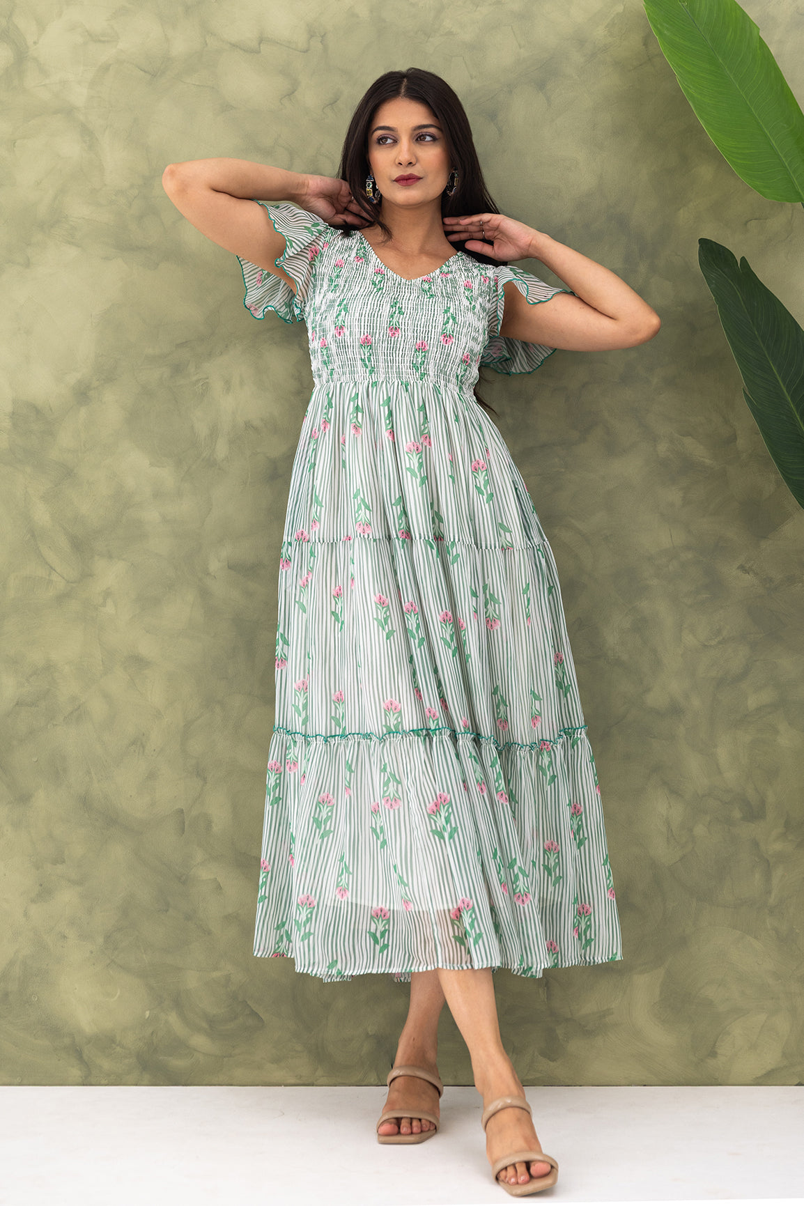 STRIPED & FLORAL SMOCKED MAXI