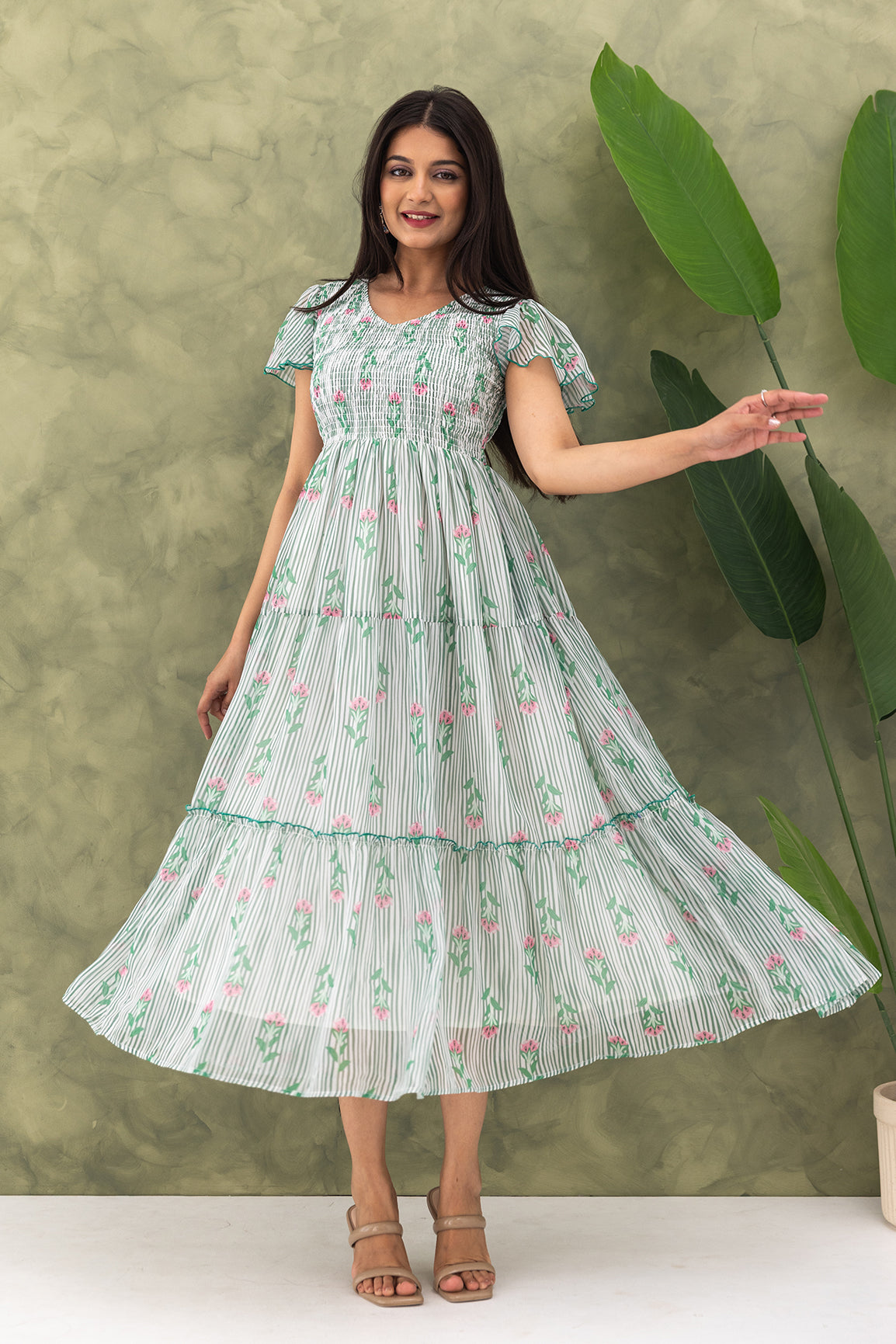 STRIPED & FLORAL SMOCKED MAXI