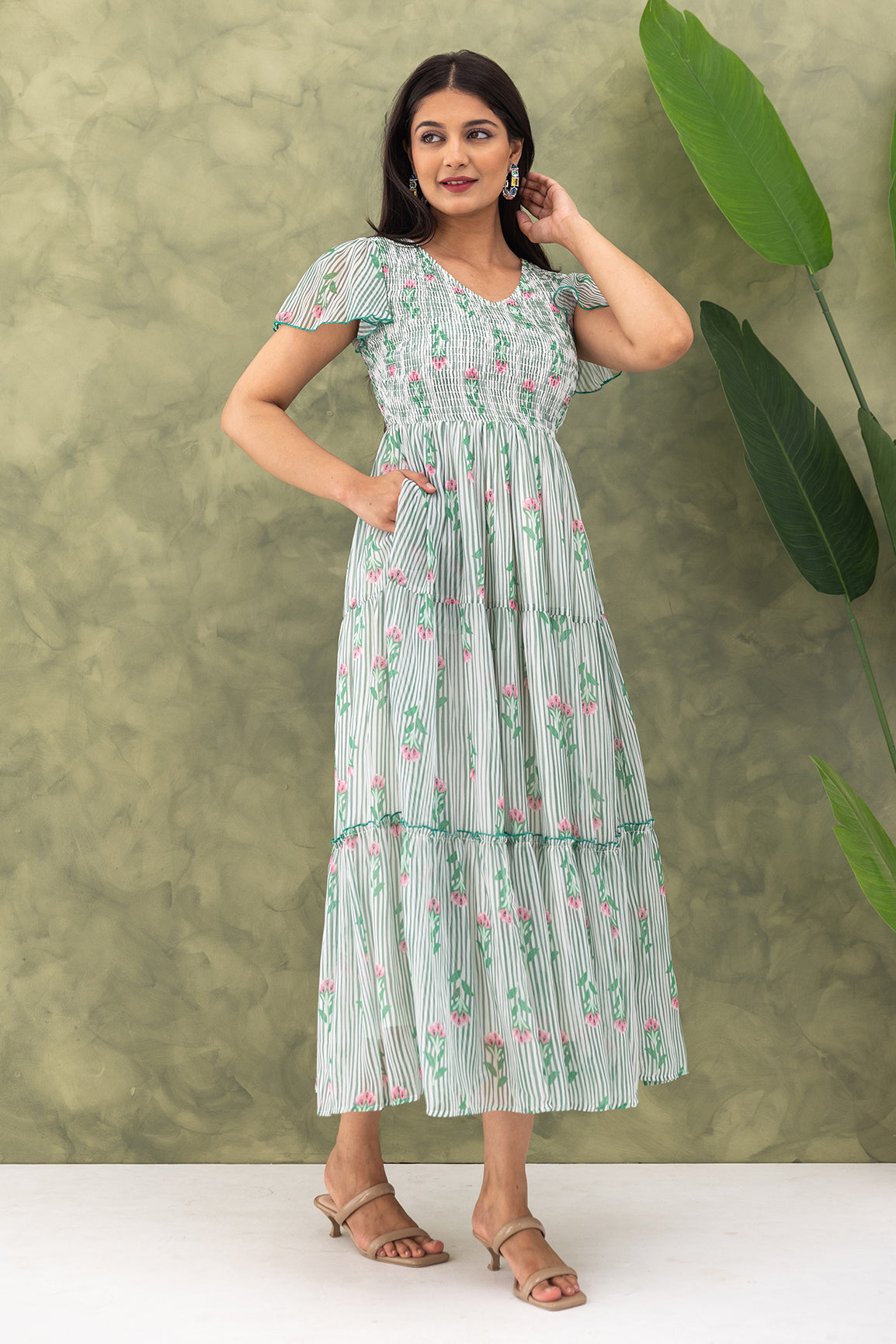 STRIPED & FLORAL SMOCKED MAXI