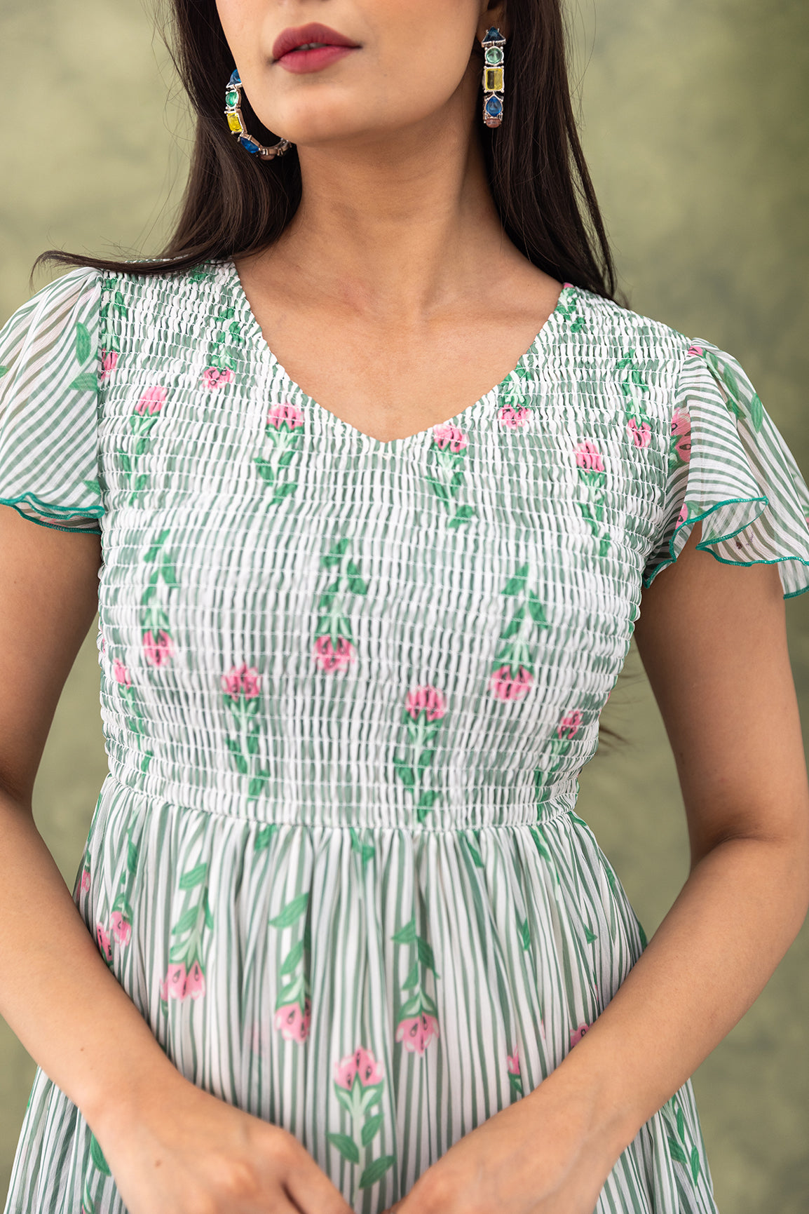 STRIPED & FLORAL SMOCKED MAXI