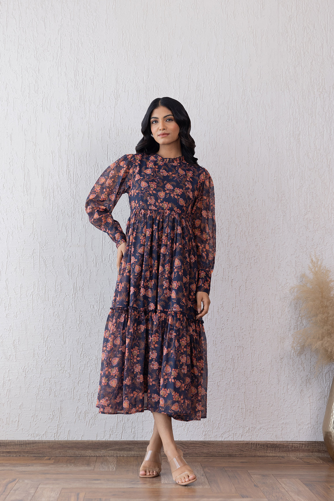 Floral patterned closed neck maxi dress for elegant styles.
