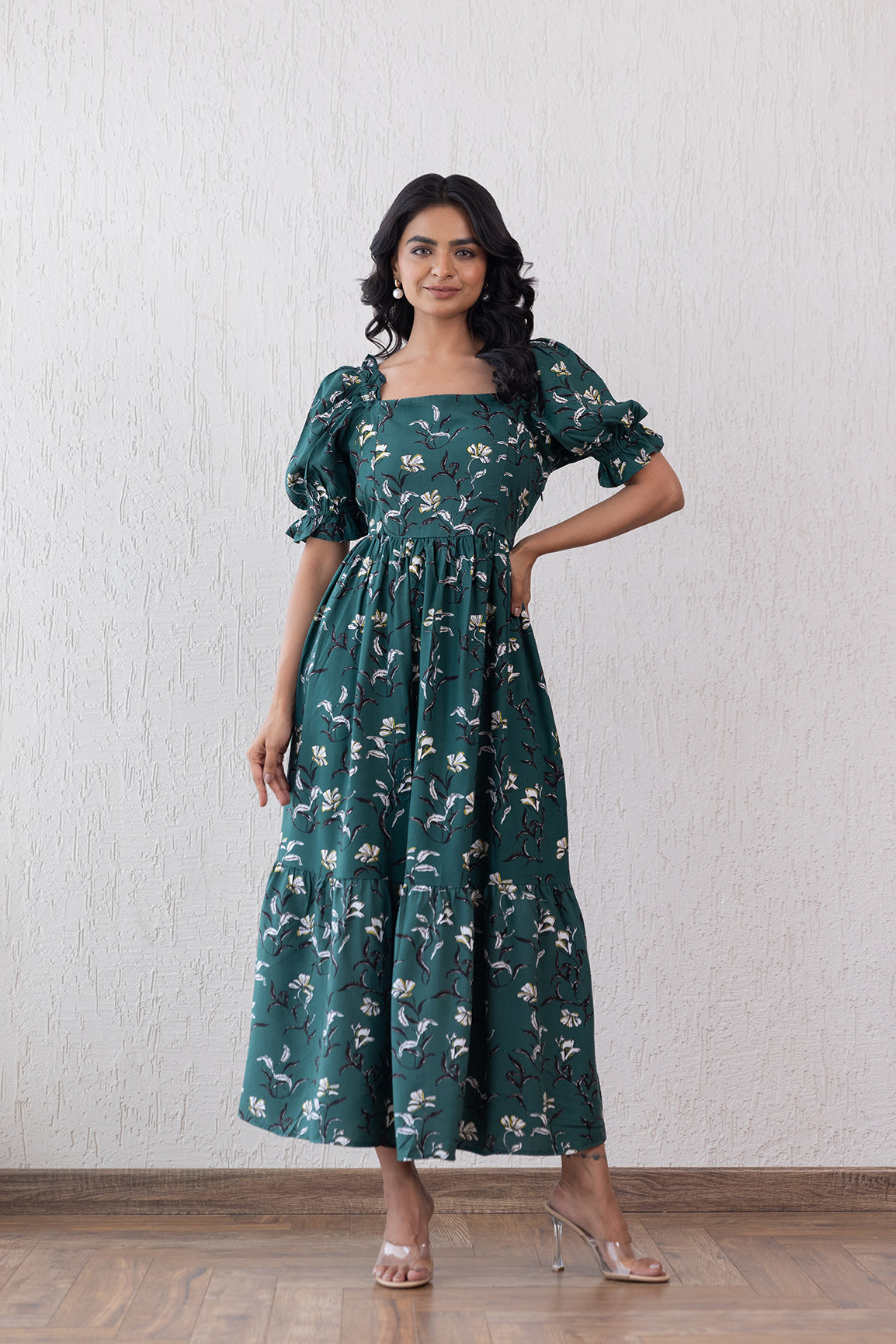 Green cotton nursing maxi dress with floral design and puff sleeves.