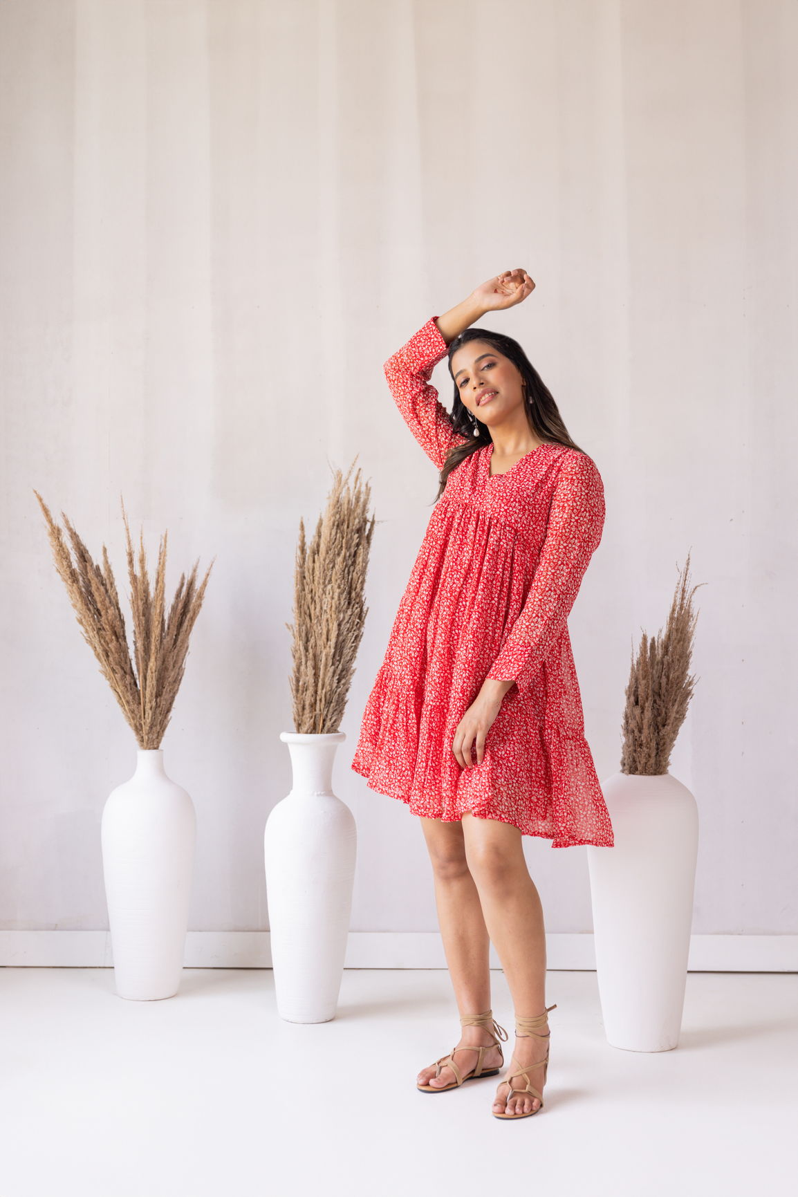 RED FLARED MIDI DRESS