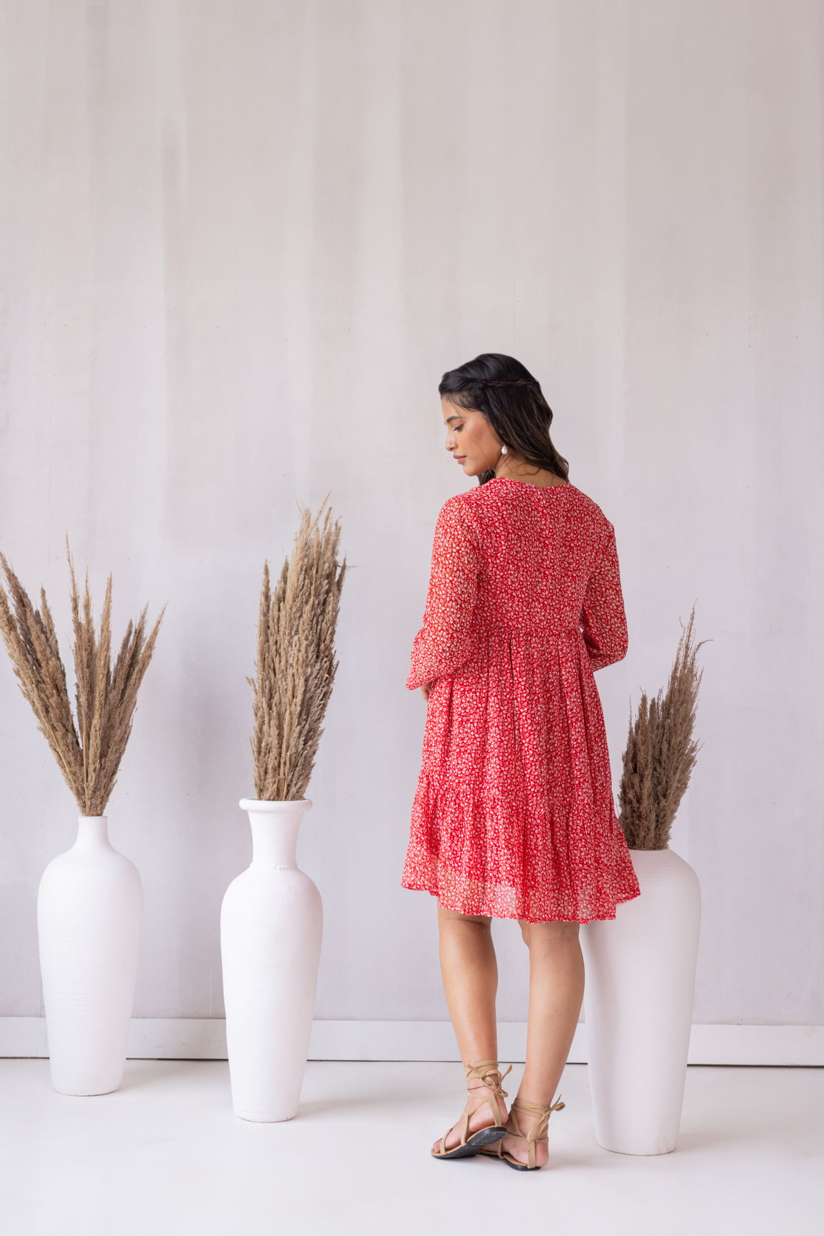 RED FLARED MIDI DRESS