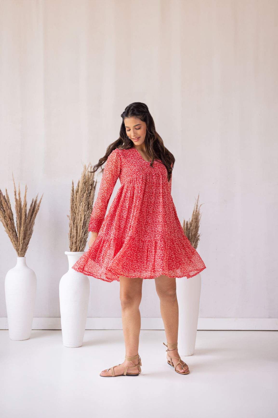 RED FLARED MIDI DRESS