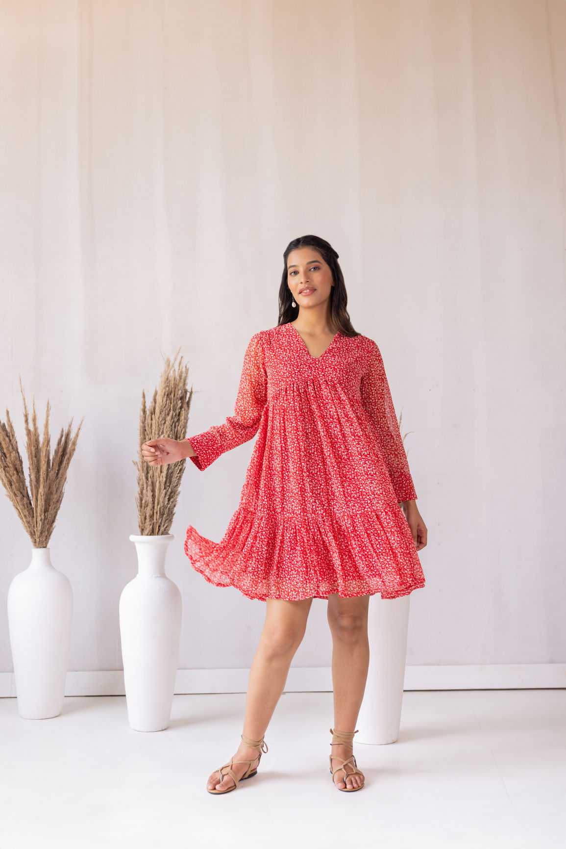 RED FLARED MIDI DRESS