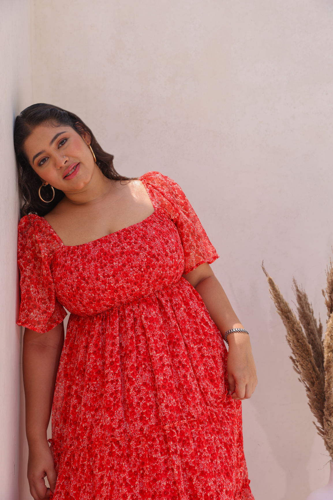 RED CHIFFON SMOCKED MAXI