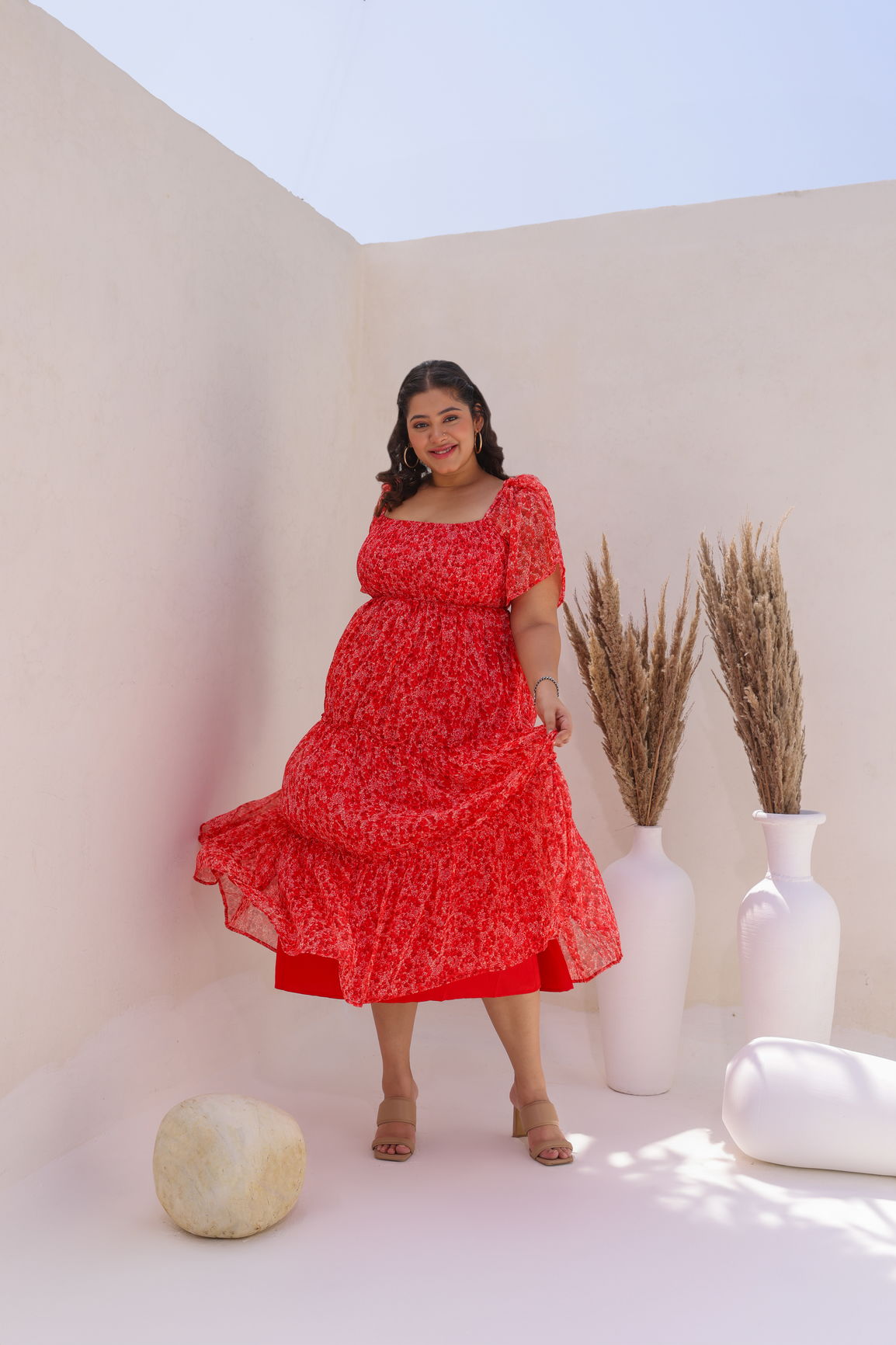RED CHIFFON SMOCKED MAXI