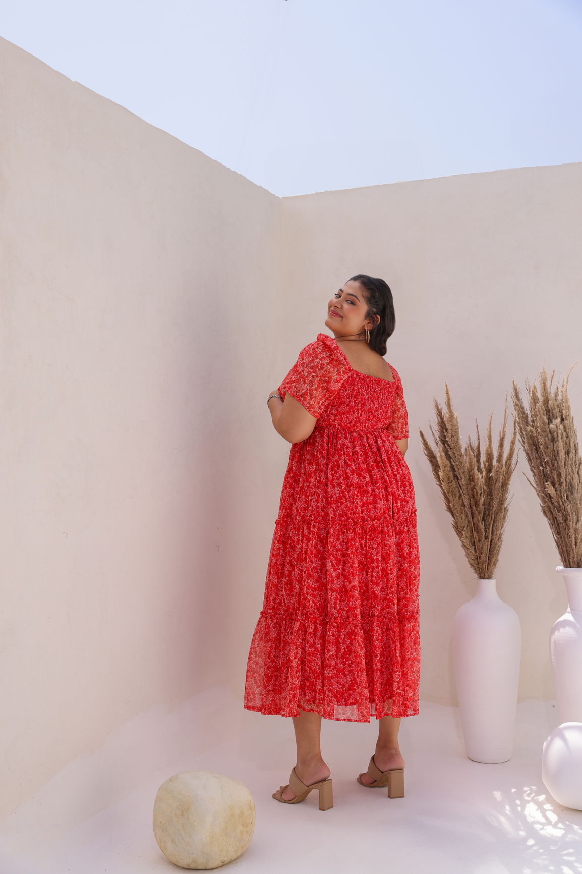 RED CHIFFON SMOCKED MAXI