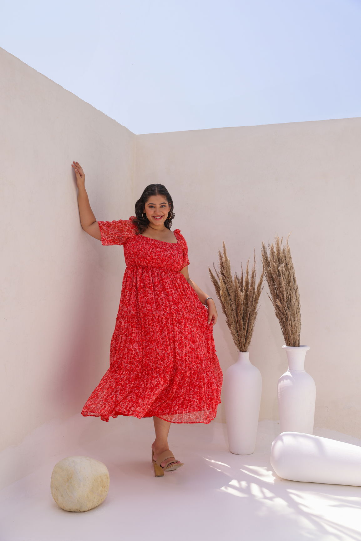 RED CHIFFON SMOCKED MAXI