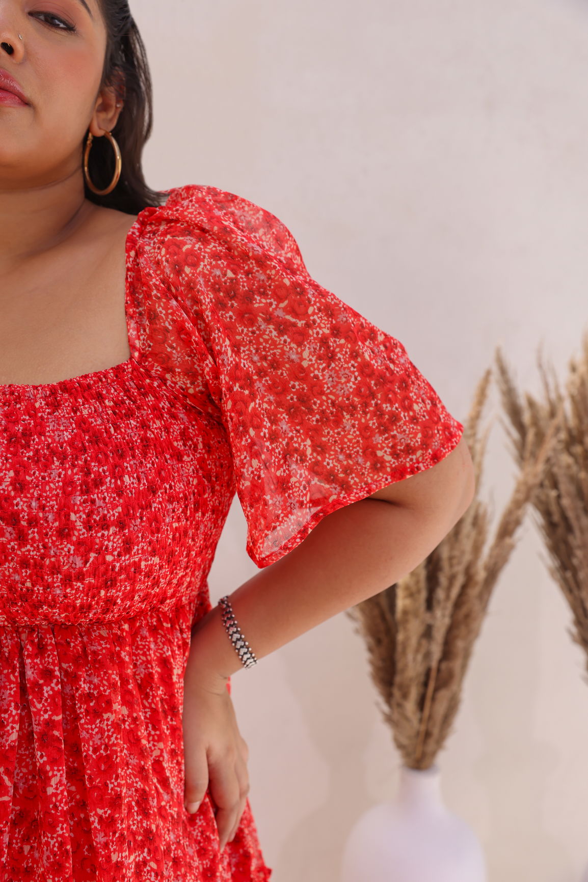 RED CHIFFON SMOCKED MAXI