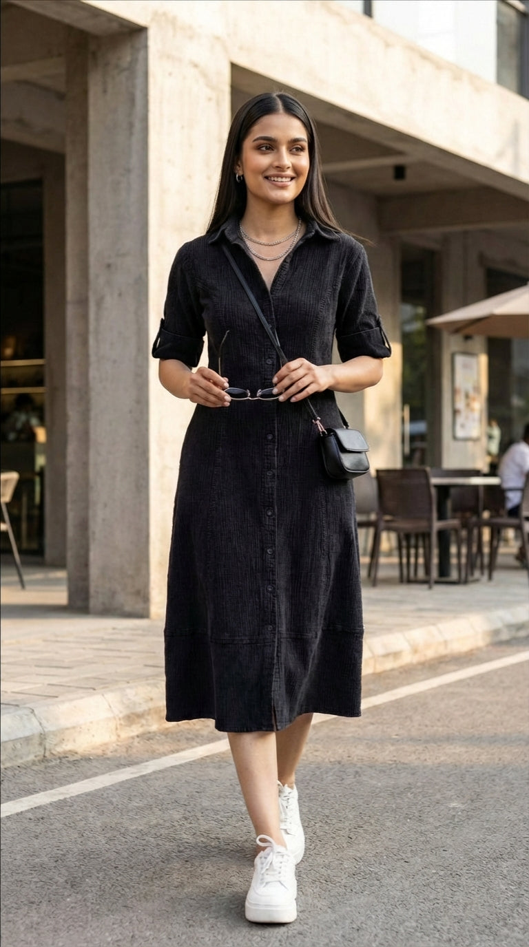 knee length dresses for ladies BLACK DENIM COTTON MAXI