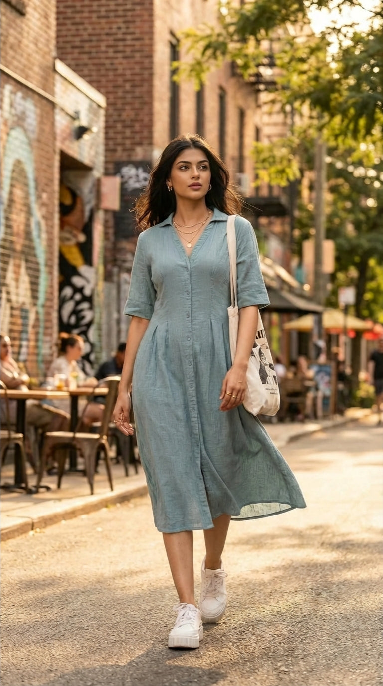 TEAL COTTON DENIM DRESS