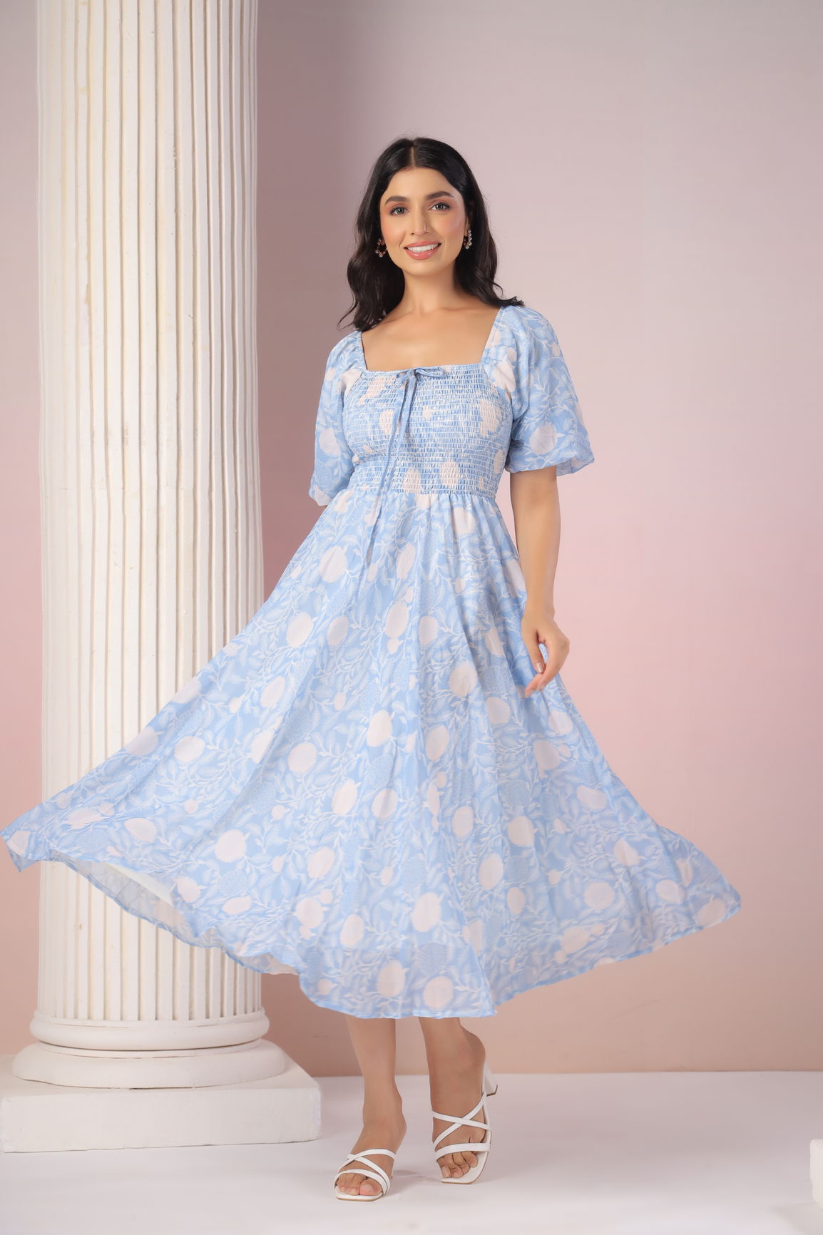Sky blue and cream maxi dress for women's summer fashion.