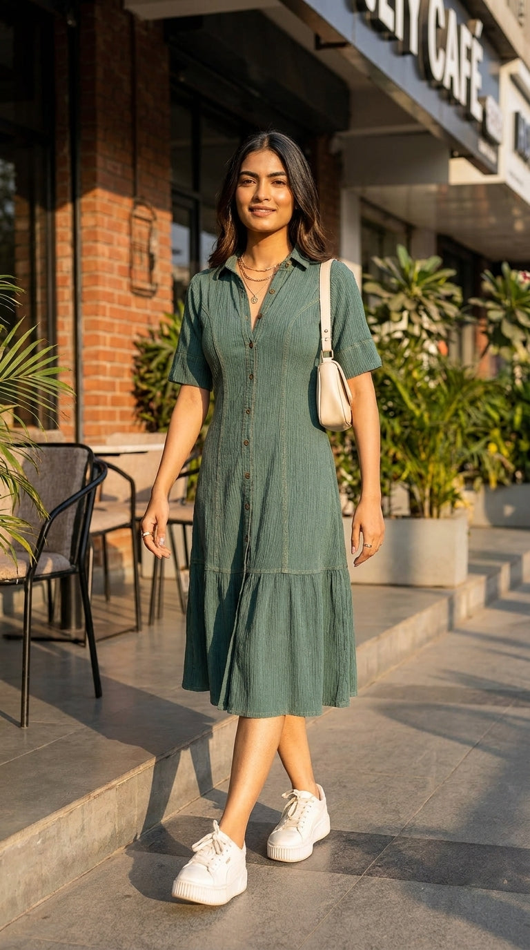 denim dress green EMERALD COTTON MAXI Colour:navy 2/24 cost update Empire Waist Chiffon Wedding a button placket