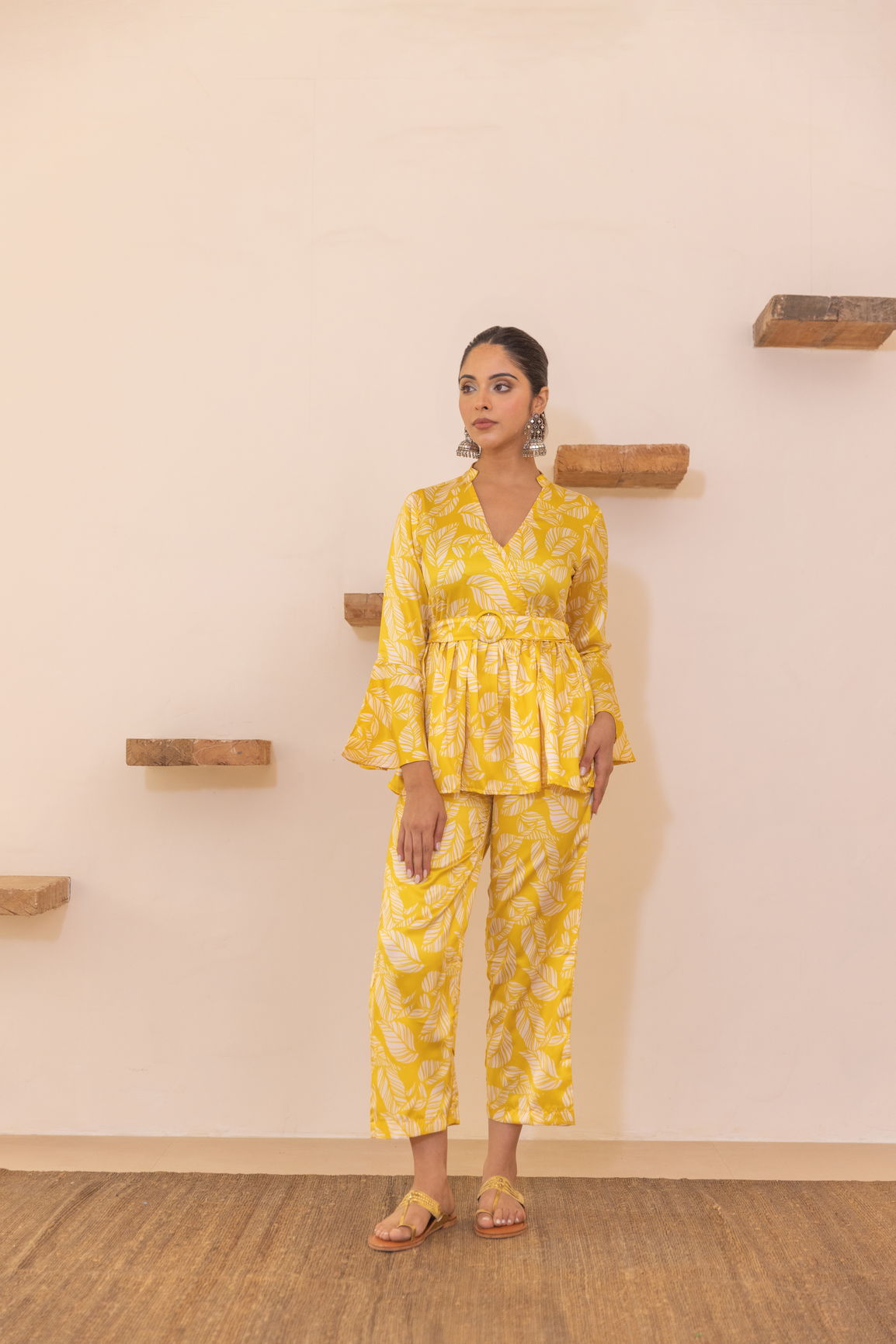 Yellow tropical satin co-ord set with bell sleeves and stylish design.