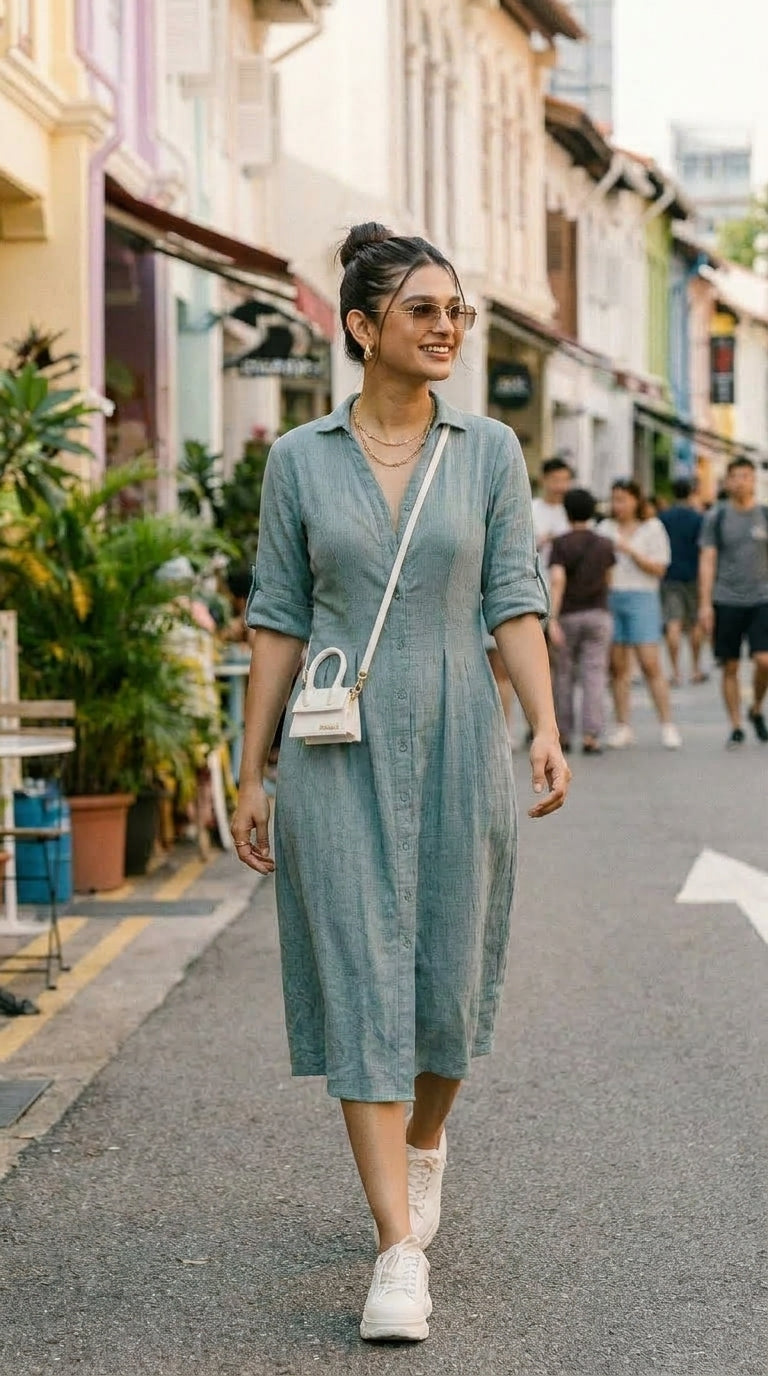 TEAL COTTON DENIM DRESS