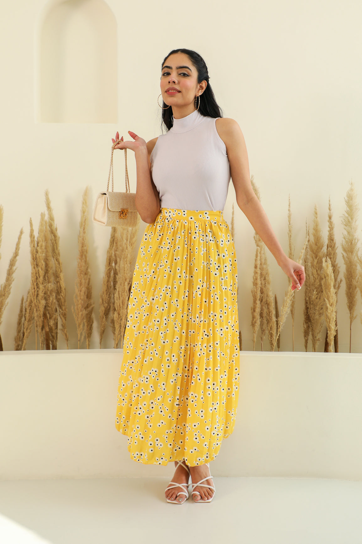 Floral co-ord set featuring yellow skirt and ribbed top.